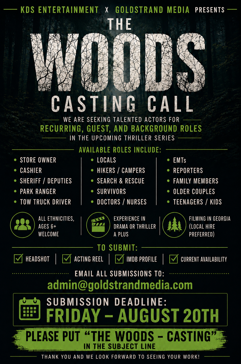 The Woods casting call flyer with available roles and submission details
