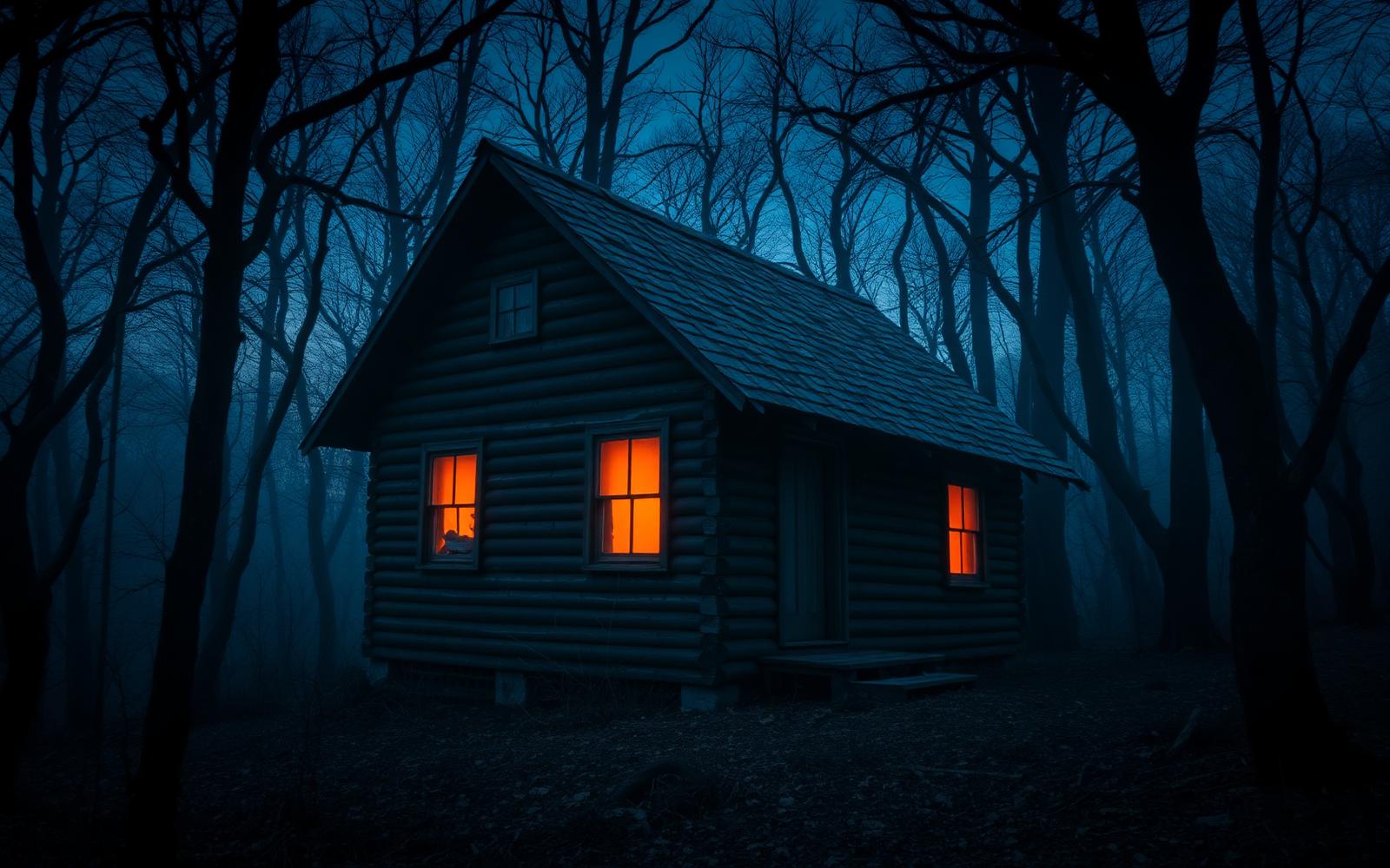 An abandoned cabin glowing in a misty forest